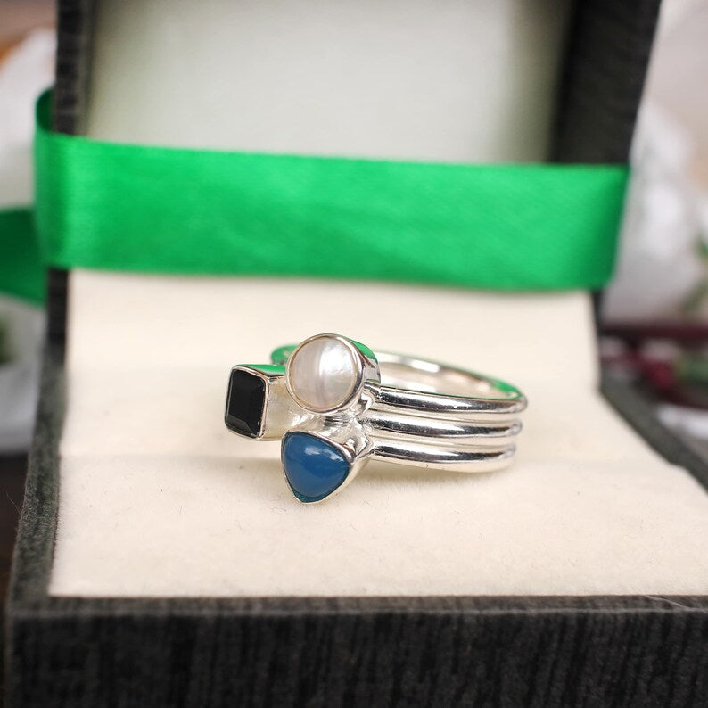 Multi Gemstone Triple Band 92.5 Silver Ring