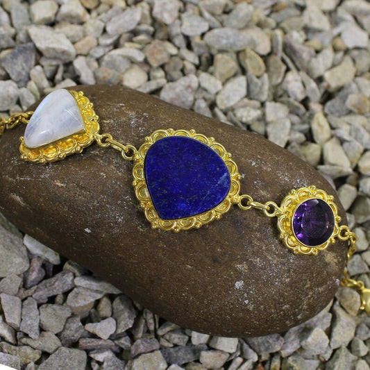 Rainbow Moonstone, Purple Amethyst & Lapis Lazuli Gemstone Bracelet