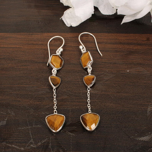 Tiger Eye Silver Plated Brass Earrings