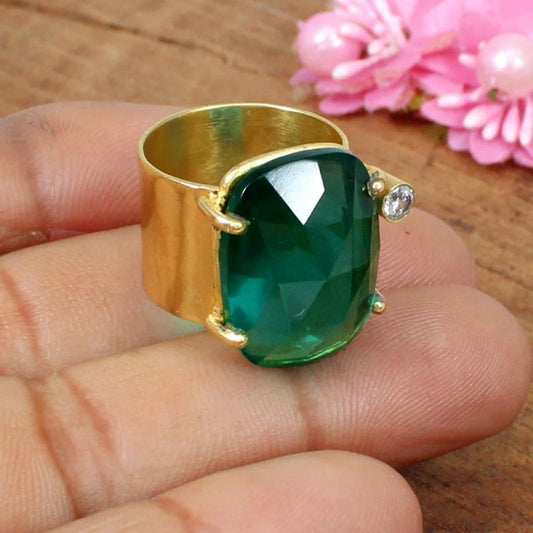 Green Apatite Wide Band Cubic Zirconia Brass Ring