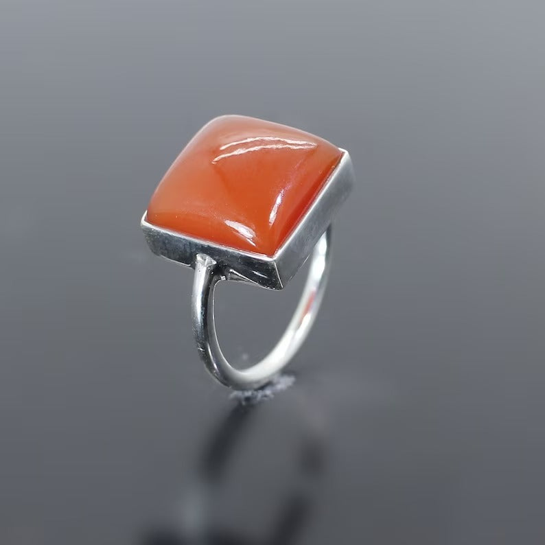 Square Shape Red Onyx Gemstone Silver Ring