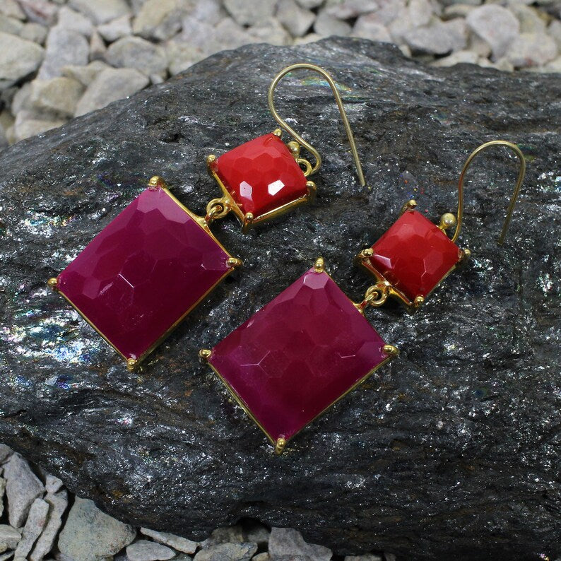 Fuchsia Chalcedony & Red Coral Multi Stone Earrings