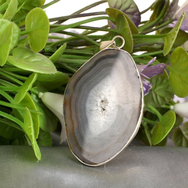 92.5 Sterling Silver Slice Agate Gemstone Pendant