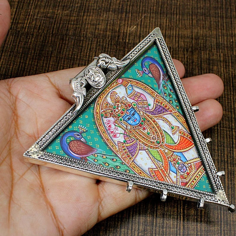 925 Sterling Silver Hindu God Painting Triangle Pendant