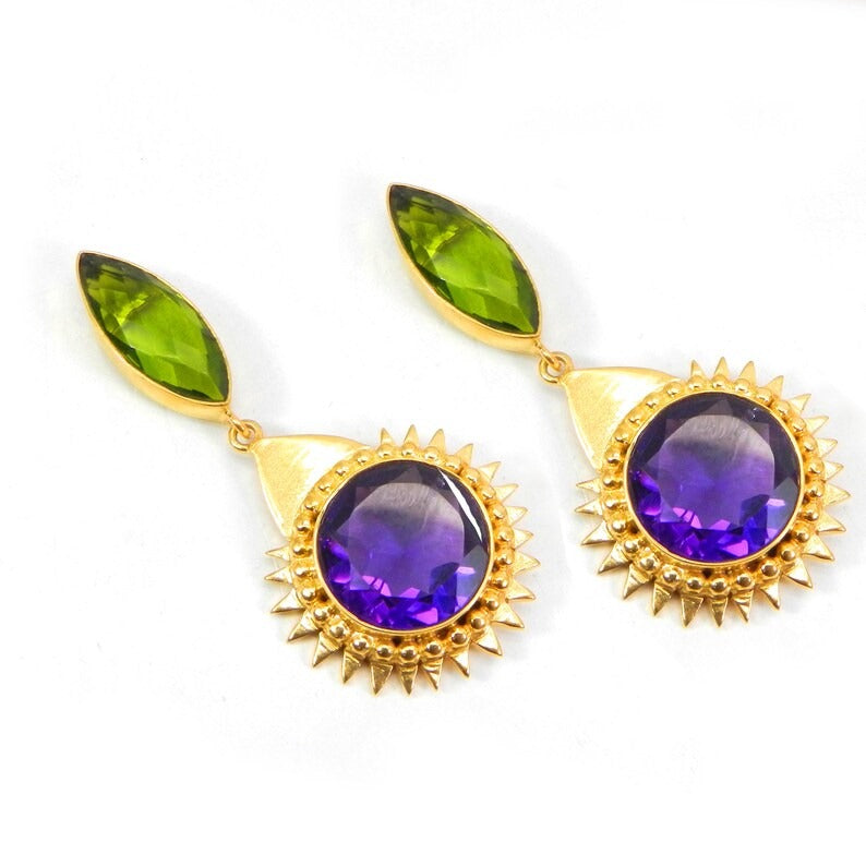 Gold Plated Peridot & Amethyst Gemstone Brass Earrings