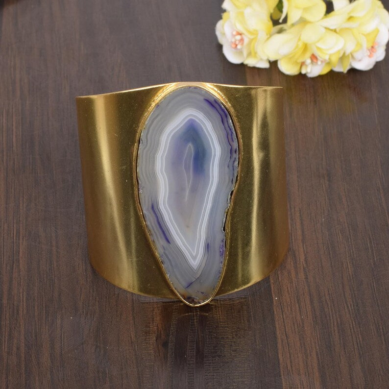 Brazilian Slice Agate Gold Plated Handmade Cuff Bangle