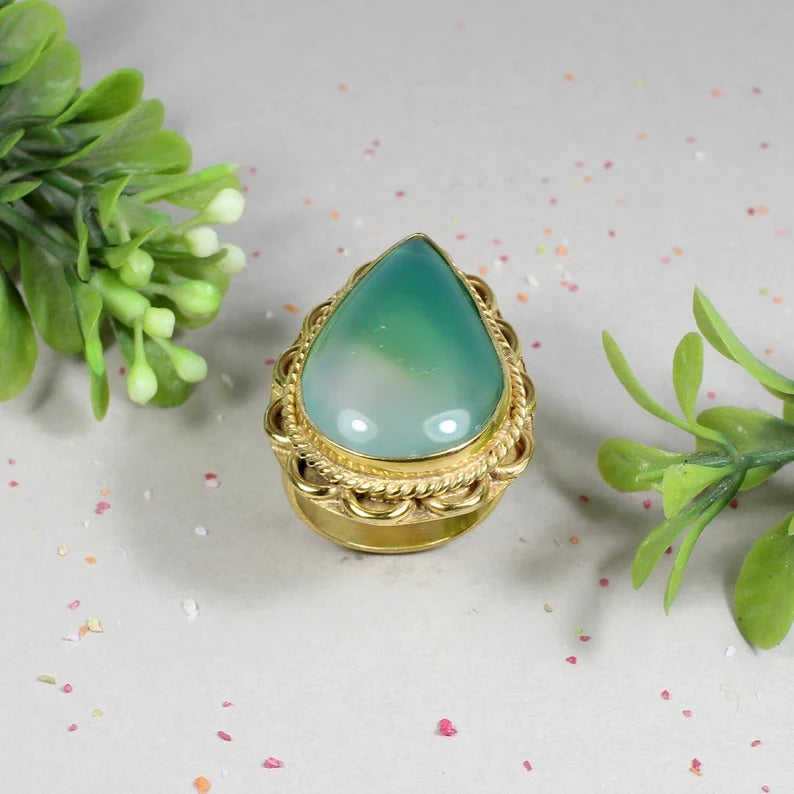 925 Sterling Silver Natural Green Onyx Fancy Ring