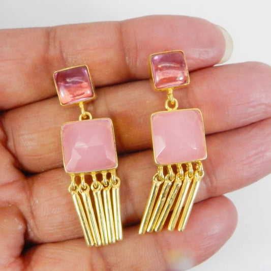 Pink Tourmaline & Natural Rose Quartz Gold Plated Earring