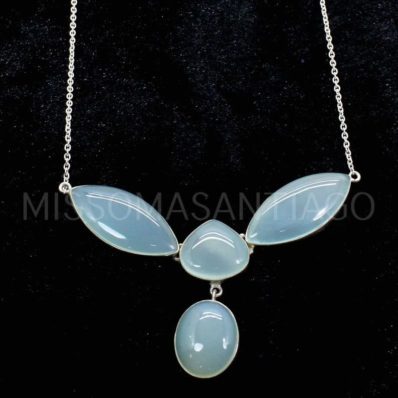 92.5 Sterling Silver Aqua Chalcedony Gemstone Necklace