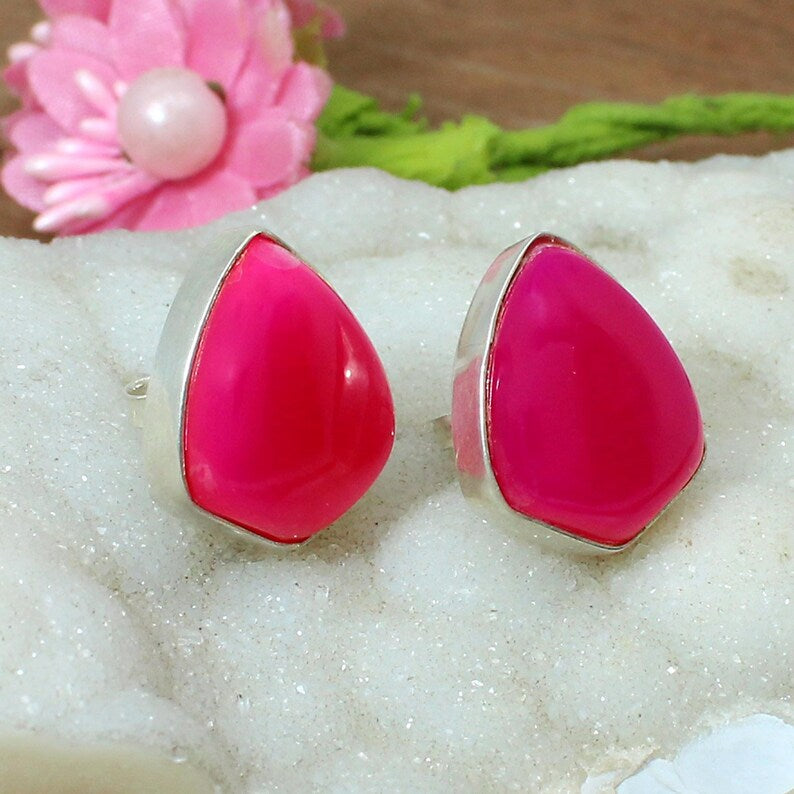 92.5 Sterling Silver Fuchsia Chalcedony Gemstone Earrings