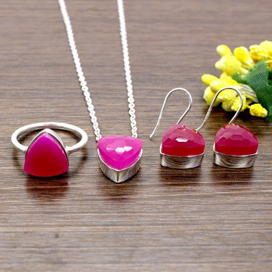 92.5 Sterling Silver Trillion Fuchsia Chalcedony Gemstone Jewelry Set