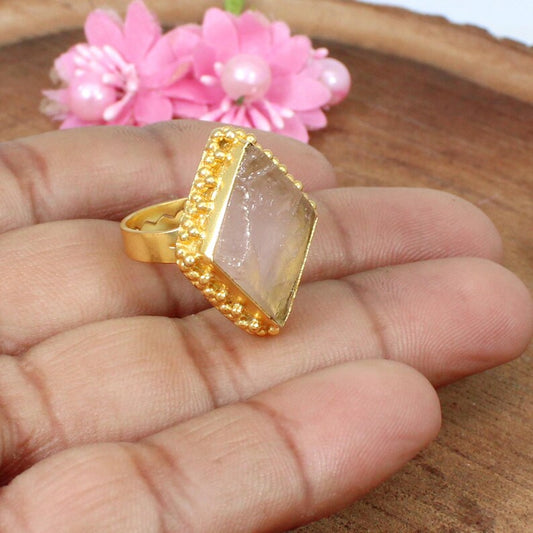 Rose Quartz Gold Plated Brass Ring