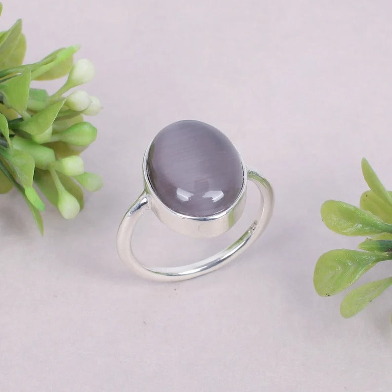 Grey Cats Eye Gemstone 92.5 Sterling Silver Ring