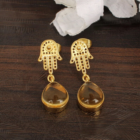 Citrine Gemstone Brass Gold Plated Designer Earrings