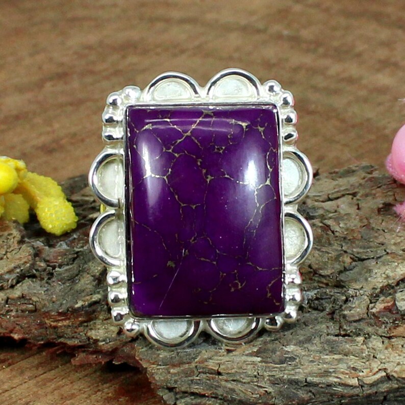 Rectangle Natural Mohave Purple Copper Turquoise Gemstone Silver Ring