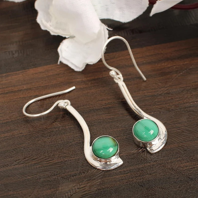 Malachite Gemstone Silver Plated Brass Earrings