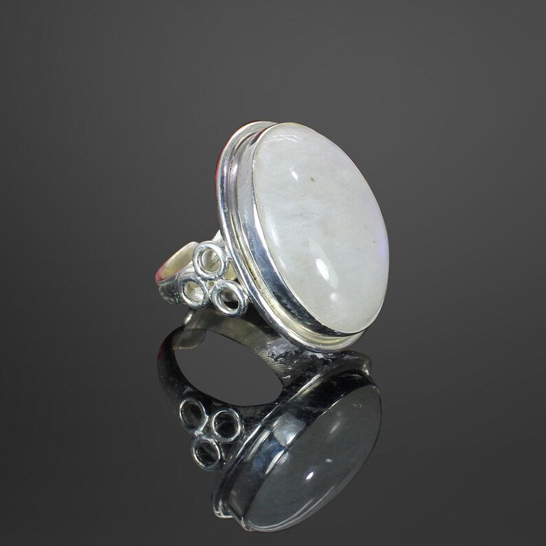 Natural June Birthstone Blue Fire Rainbow Moonstone Ring