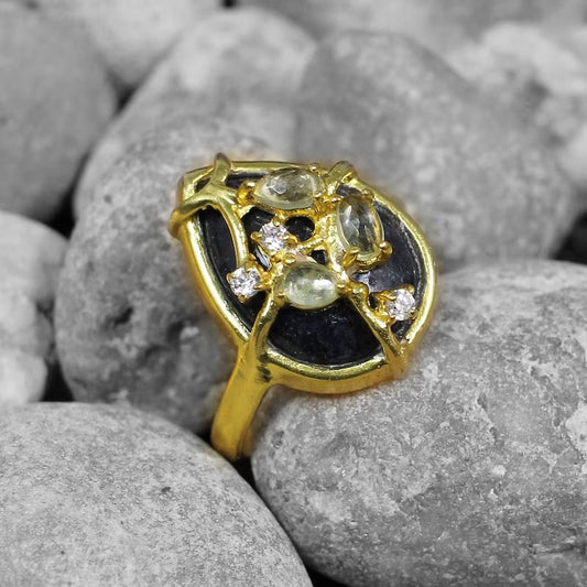 Blue Jasper , Lemon Quartz & CZ Gold Plated Brass Handmade Ring