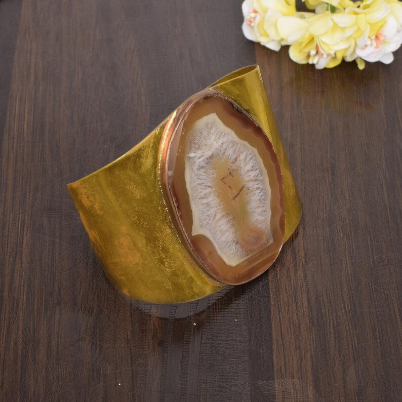 Brazilian Slice Agate Gold Plated Handmade Cuff Bangle