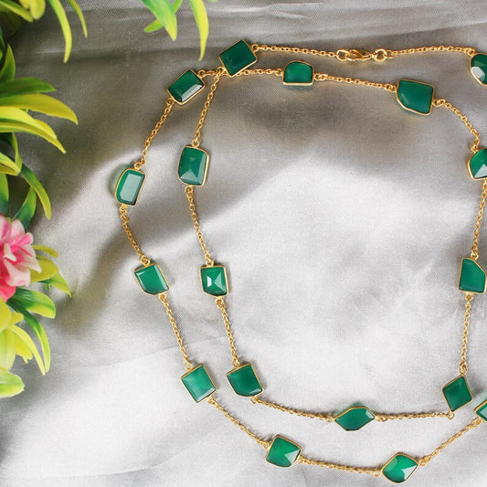 Green Onyx Gemstone Gold Plated Brass Necklace