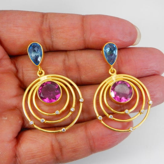 Blue Topaz & Pink Tourmaline Brass  Earrings