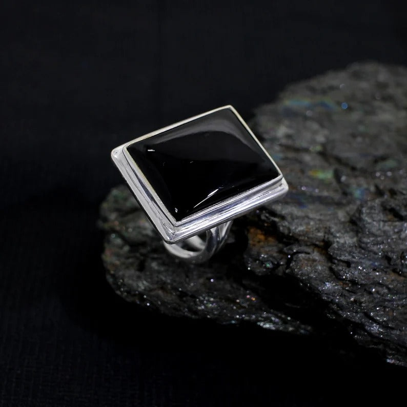 Natural Black Onyx Gemstone 92.5 Sterling Silver Ring