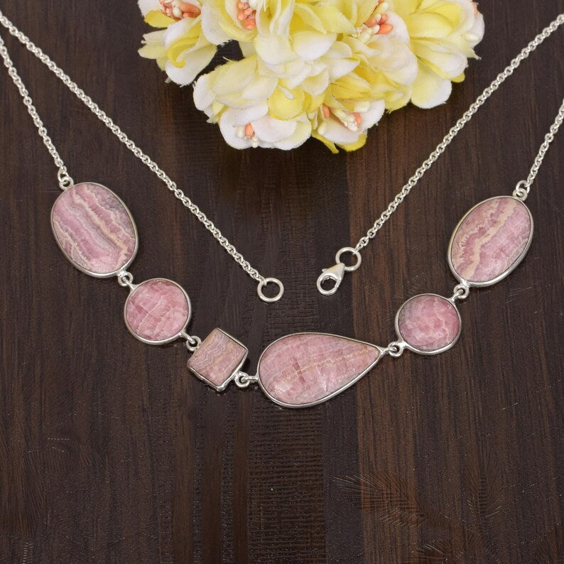 925 Sterling Silver Rhodochrosite Cabochon Necklace