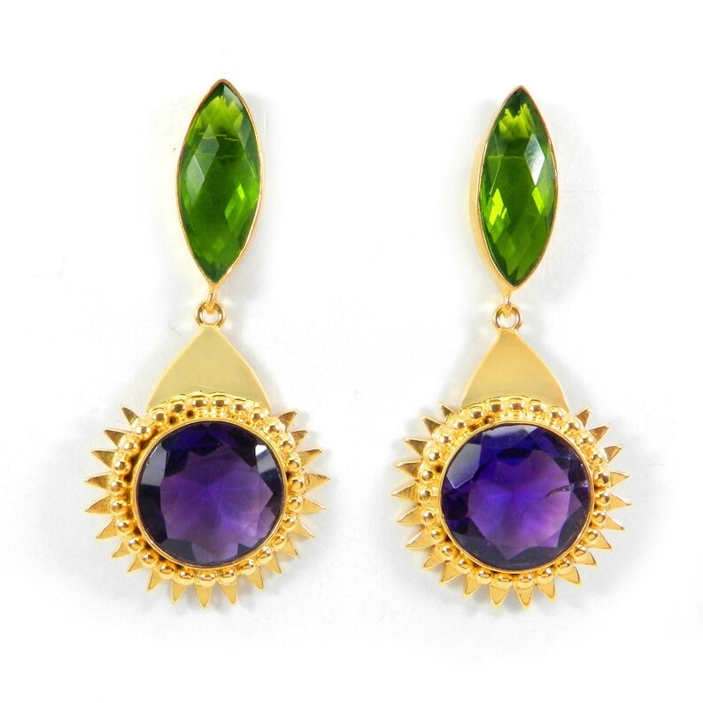 Gold Plated Peridot & Amethyst Gemstone Brass Earrings